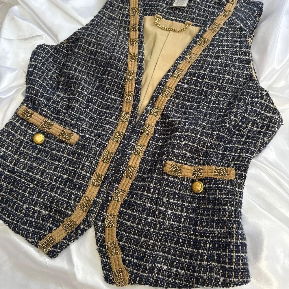 Cache Navy Blue Tweed Vest Gold Chain Link Trim Boucle Open Front Size 4 - Picture 3 of 4